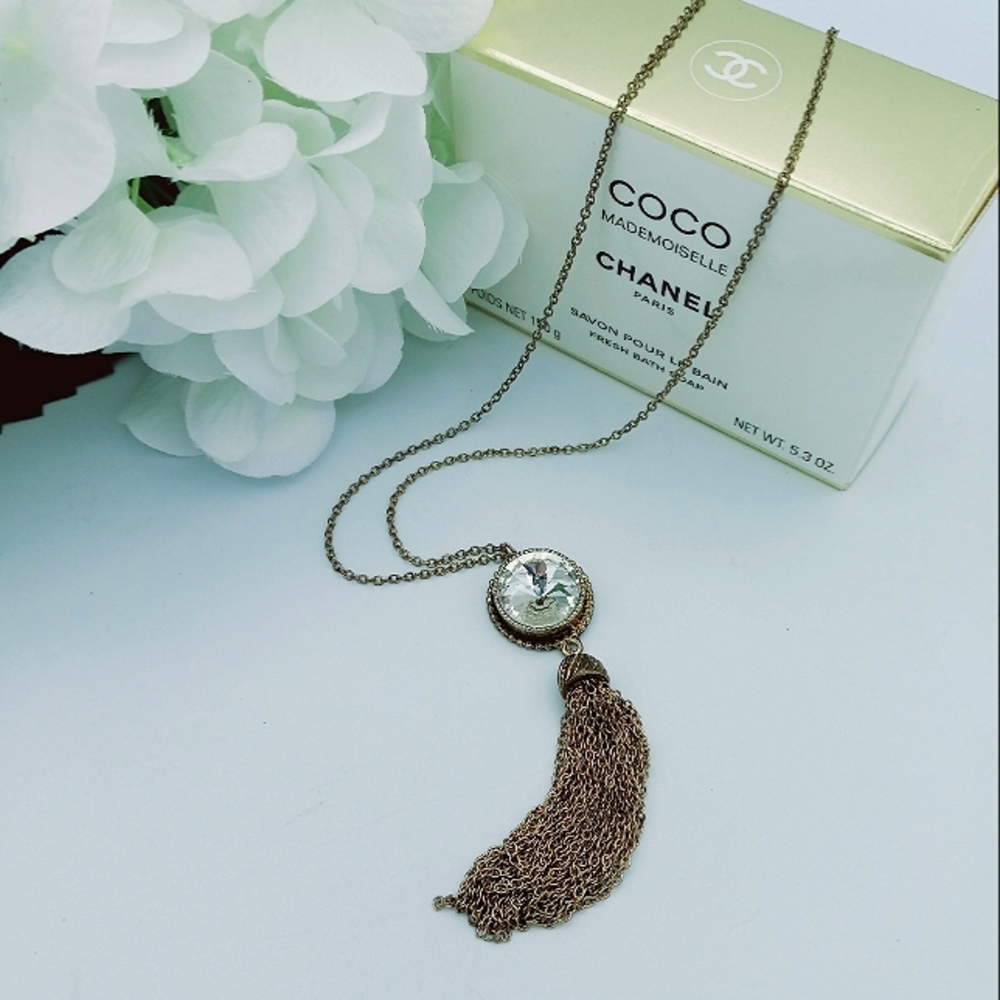 Chain Tassel Necklace Old Gold Tone Chunky Crystal Pendant Long Statement
